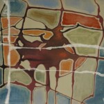 An abstract painting featuring a mix of earthy tones, including green, brown, and red, with white grid-like lines overlaying organic shapes. The composition suggests a map-like structure with fluid, textured elements.