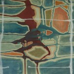 An abstract painting featuring a mix of earthy tones, including green, brown, and red, with white grid-like lines overlaying organic shapes. The composition suggests a map-like structure with fluid, textured elements.