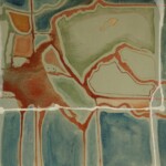 An abstract painting featuring a mix of earthy tones, including green, brown, and red, with white grid-like lines overlaying organic shapes. The composition suggests a map-like structure with fluid, textured elements.