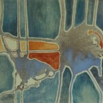An abstract painting featuring a textured composition of interconnected organic shapes and lines. The dominant colors are deep blue and muted teal, contrasted by patches of warm orange and red. White outlines trace the forms, creating a sense of structure, while a rough, grainy texture spreads across parts of the image, blending colors together. The artwork has a cartographic or aerial-map-like appearance with a fluid, almost geological quality.