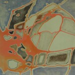 An abstract painting featuring fluid, interconnected shapes in shades of blue, green, and orange, evoking a sense of organic movement or a topographical map.