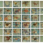 This image is a grid-like collage of abstract paintings featuring organic shapes, interconnected lines, and flowing patterns in a palette of blues, greens, and warm earth tones. The compositions evoke the look of natural landscapes seen from above, resembling rivers, roads, or geological formations. Some sections have empty spaces with a soft gradient, providing visual balance amidst the intricate designs.