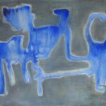 An abstract painting with a bluish-greenish background and some blue organic shapes morphing horizontally