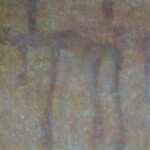 An abstract painting with earthy brown, orange, and blue hues, marked by a soft dripping pattern with a rich textured surface and background.