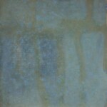 An abstract textured painting with a mix of blue and green tones, featuring a subtle grid-like or dripping pattern and speckled bluish highlights in the background.